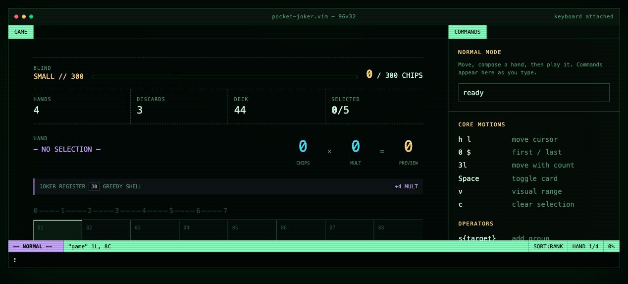 Screenshot of pokerjoker.vim showing the terminal-style card game interface